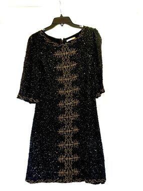 Alice + Olivia Silk Black + Gold Beaded Sequin Dress, 6